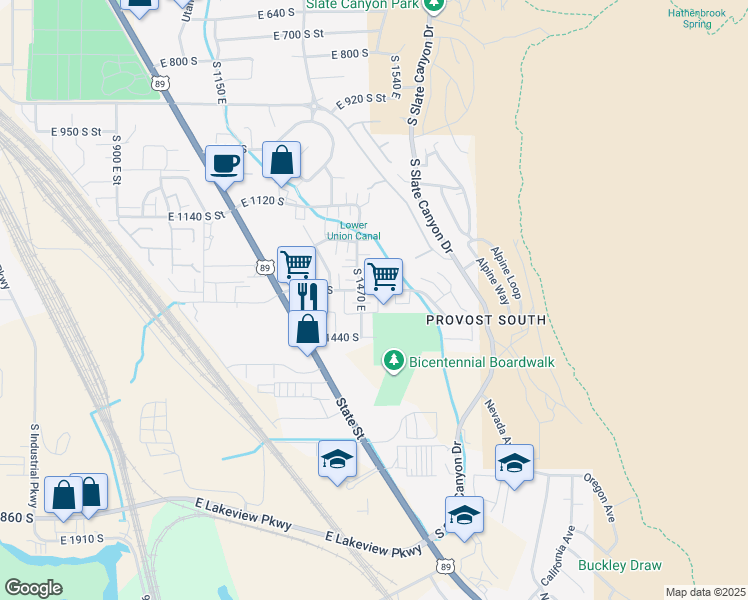 map of restaurants, bars, coffee shops, grocery stores, and more near 1344 South 1500 East in Provo