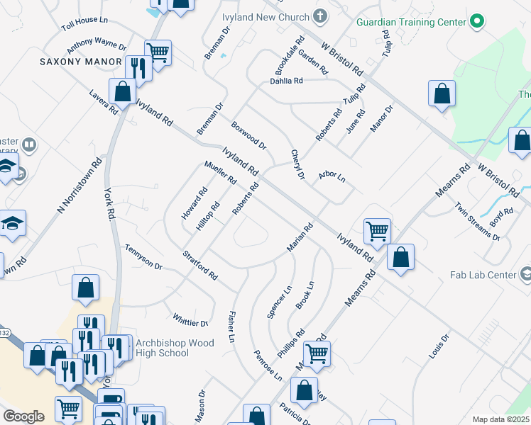 map of restaurants, bars, coffee shops, grocery stores, and more near 678 Mueller Road in Warminster