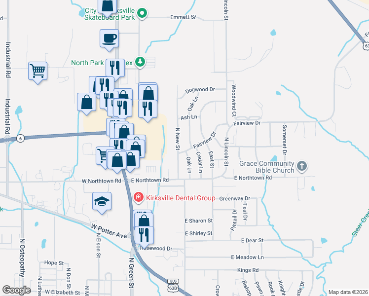 map of restaurants, bars, coffee shops, grocery stores, and more near 2100-2264 North New Street in Kirksville