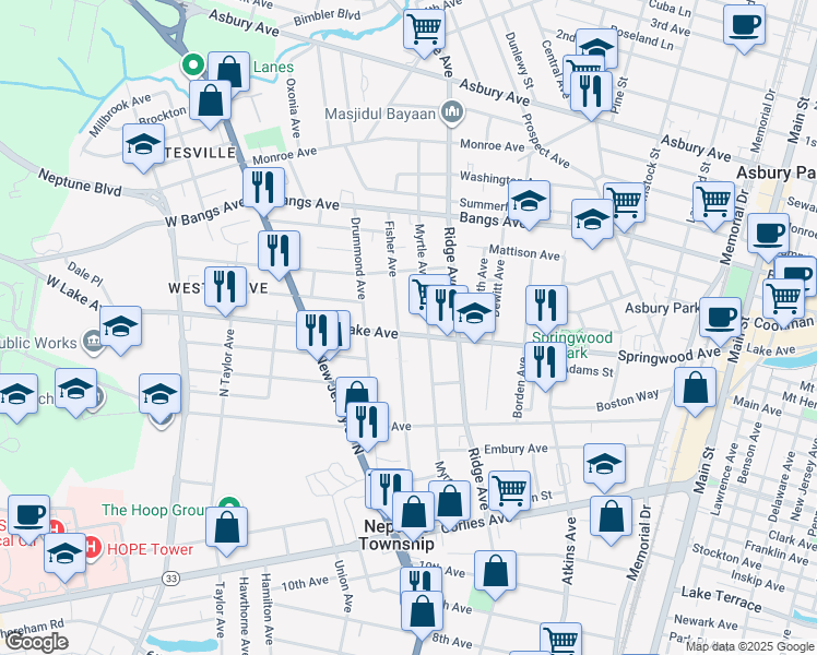 map of restaurants, bars, coffee shops, grocery stores, and more near 268 Fisher Avenue in Neptune City