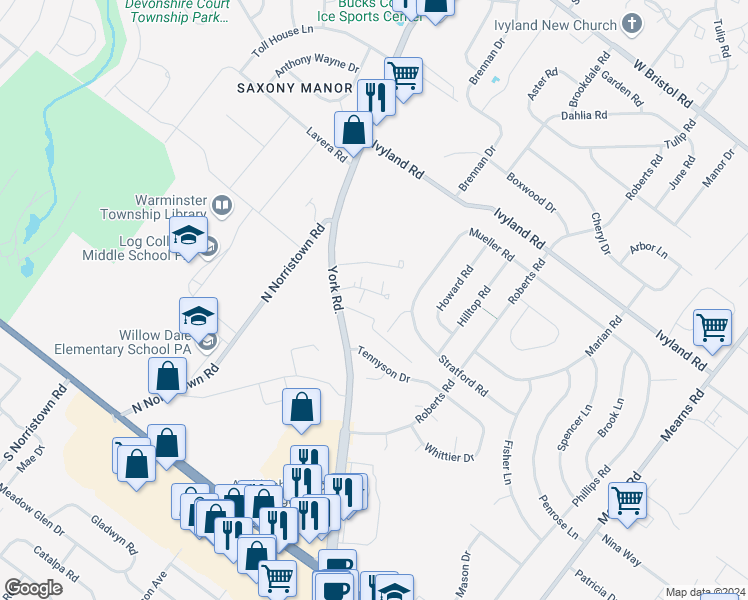 map of restaurants, bars, coffee shops, grocery stores, and more near 406 Brandywine Court in Warminster