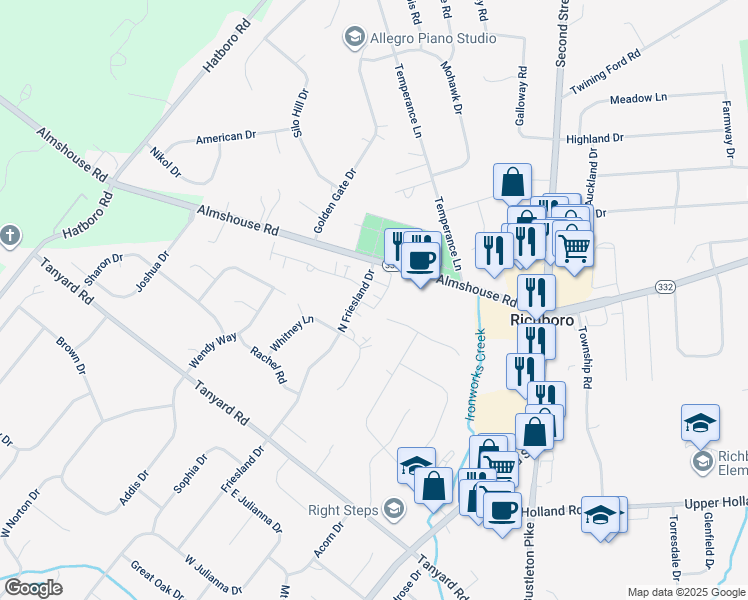 map of restaurants, bars, coffee shops, grocery stores, and more near 6 Barness Court in Richboro
