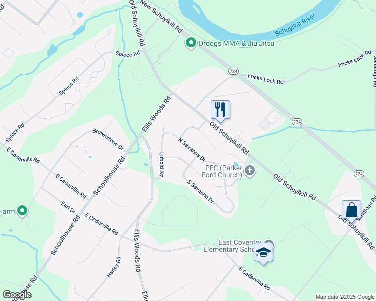 map of restaurants, bars, coffee shops, grocery stores, and more near 33 North Savanna Drive in Pottstown