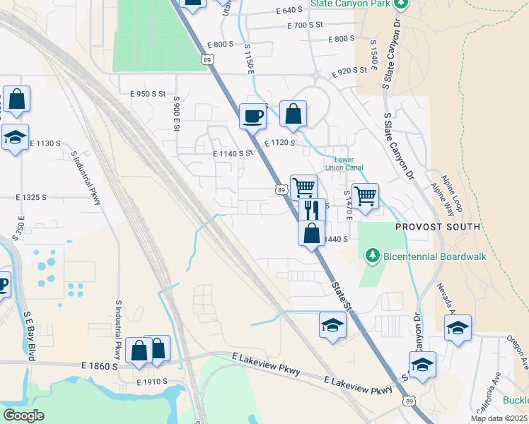 map of restaurants, bars, coffee shops, grocery stores, and more near 1400 South State Street in Provo
