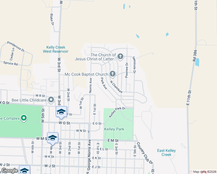 map of restaurants, bars, coffee shops, grocery stores, and more near 201-399 Park Avenue in McCook