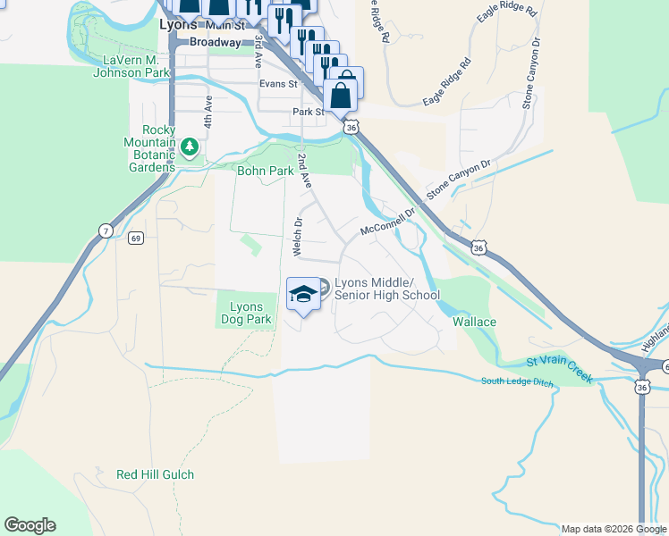 map of restaurants, bars, coffee shops, grocery stores, and more near 101 Noland Court in Lyons