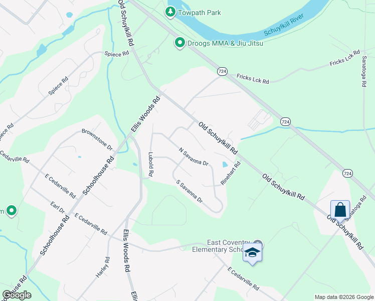map of restaurants, bars, coffee shops, grocery stores, and more near 65 North Savanna Drive in Pottstown