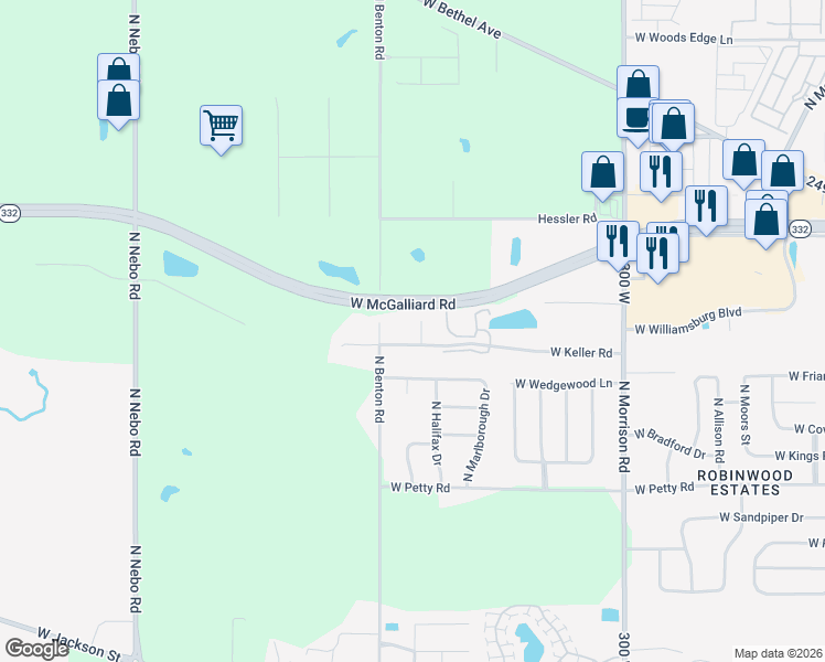 map of restaurants, bars, coffee shops, grocery stores, and more near 2804 North Kaster Court in Muncie