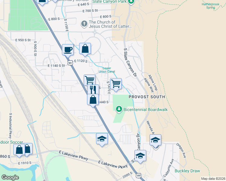 map of restaurants, bars, coffee shops, grocery stores, and more near 1338 South 1500 East in Provo