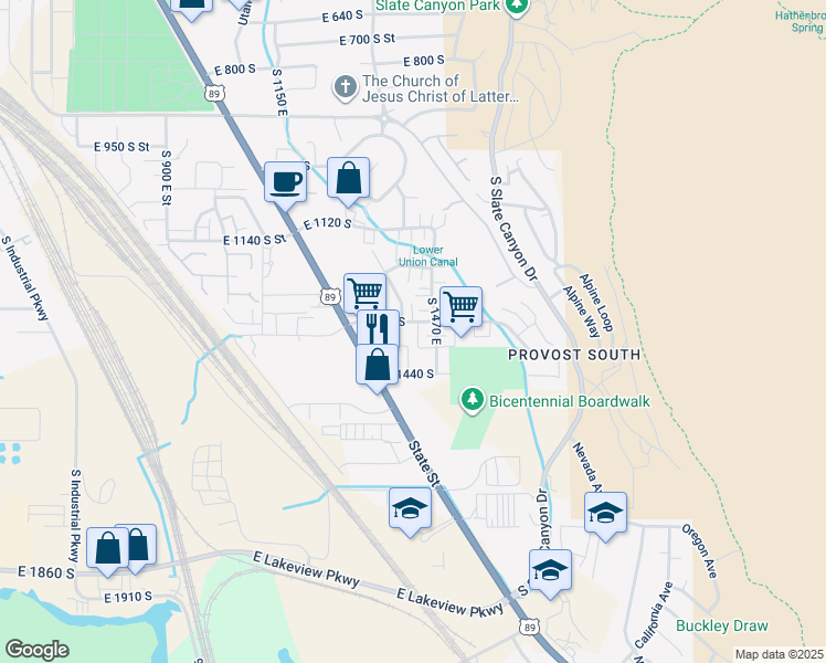 map of restaurants, bars, coffee shops, grocery stores, and more near 1453 East 1300 South in Provo