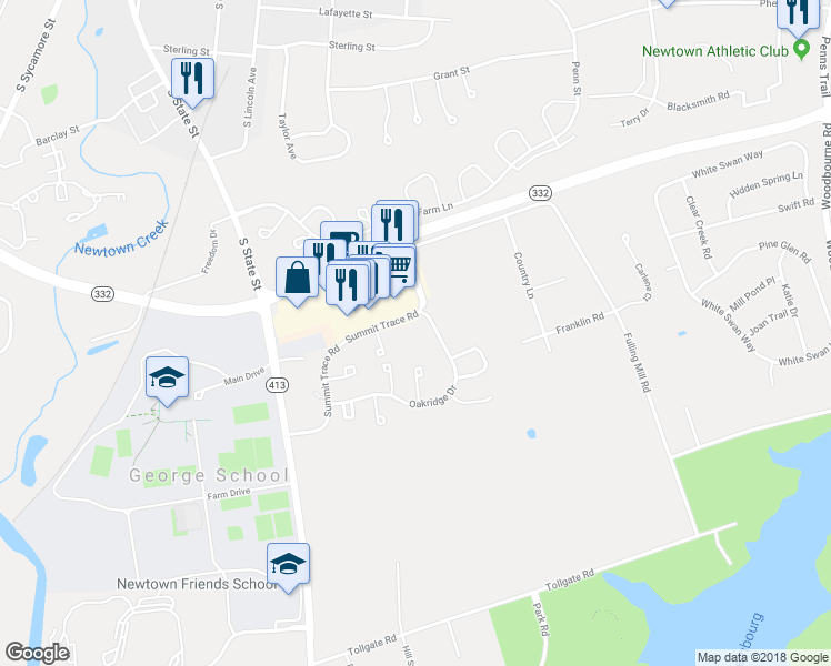map of restaurants, bars, coffee shops, grocery stores, and more near 8 Oakridge Drive in Langhorne