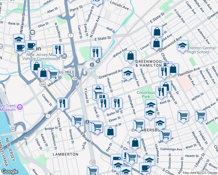 map of restaurants, bars, coffee shops, grocery stores, and more near 49 Hudson Street in Trenton