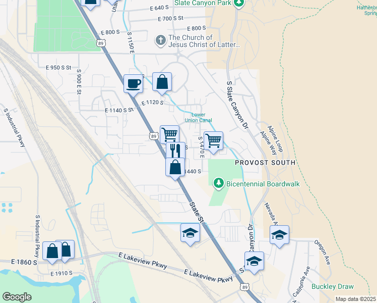 map of restaurants, bars, coffee shops, grocery stores, and more near 1337 South 1400 East in Provo