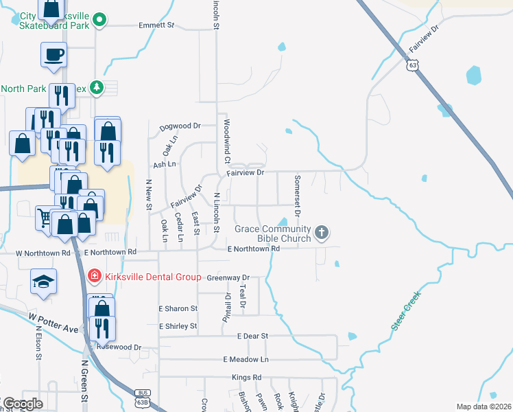map of restaurants, bars, coffee shops, grocery stores, and more near 2299 York Street in Kirksville