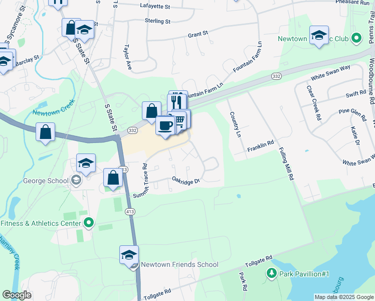 map of restaurants, bars, coffee shops, grocery stores, and more near 9 Oakridge Drive in Langhorne