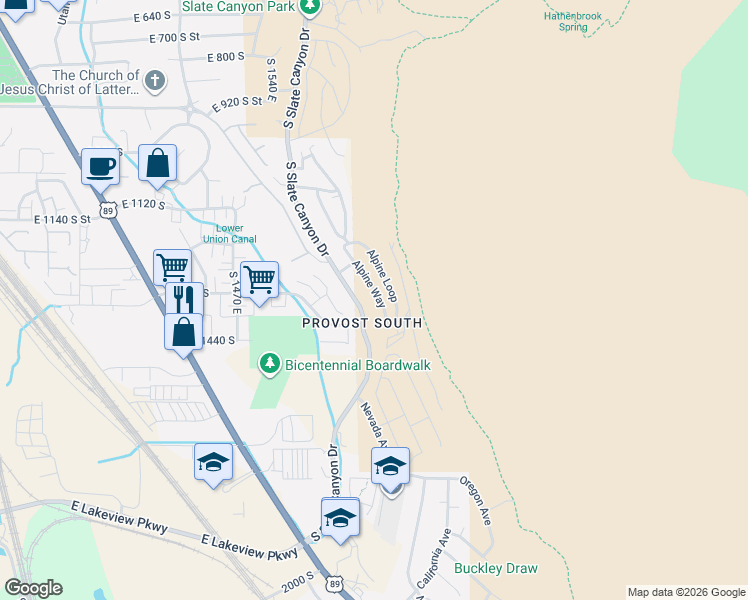map of restaurants, bars, coffee shops, grocery stores, and more near 1333 Alpine Way in Provo