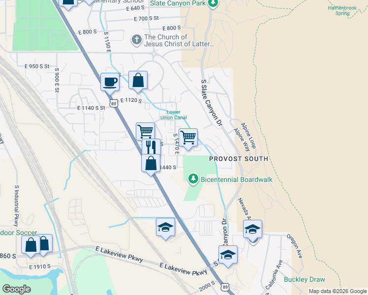 map of restaurants, bars, coffee shops, grocery stores, and more near 1296 South 1540 East in Provo