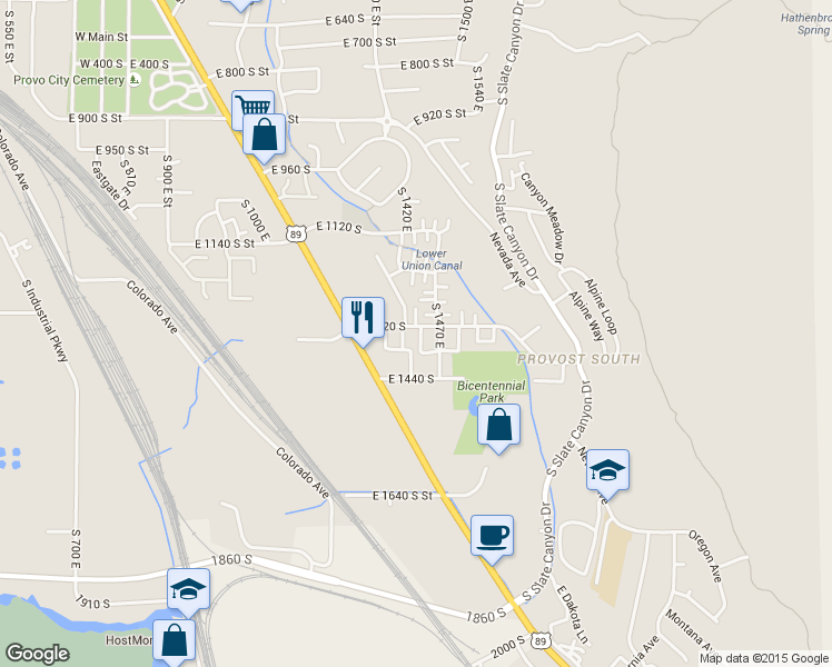 map of restaurants, bars, coffee shops, grocery stores, and more near 1453 East 1300 South in Provo