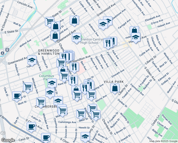 map of restaurants, bars, coffee shops, grocery stores, and more near 132 Columbus Avenue in Trenton