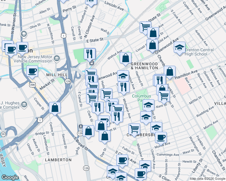 map of restaurants, bars, coffee shops, grocery stores, and more near 248 Tyler Street in Trenton