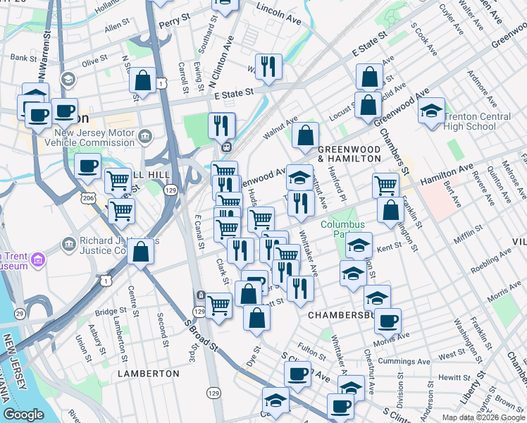 map of restaurants, bars, coffee shops, grocery stores, and more near 30 Hudson Street in Trenton