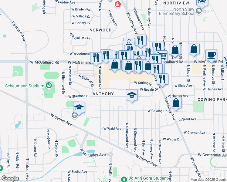map of restaurants, bars, coffee shops, grocery stores, and more near 1800 West Royale Drive in Muncie