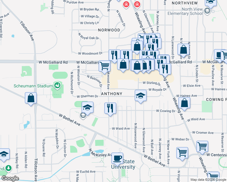 map of restaurants, bars, coffee shops, grocery stores, and more near 1904 West Royale Drive in Muncie