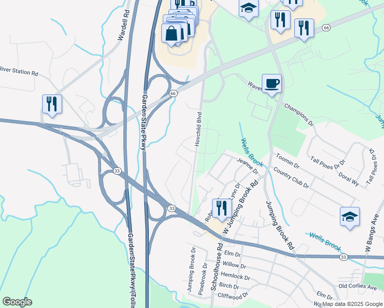 map of restaurants, bars, coffee shops, grocery stores, and more near 69 Locust Grove Road in Tinton Falls