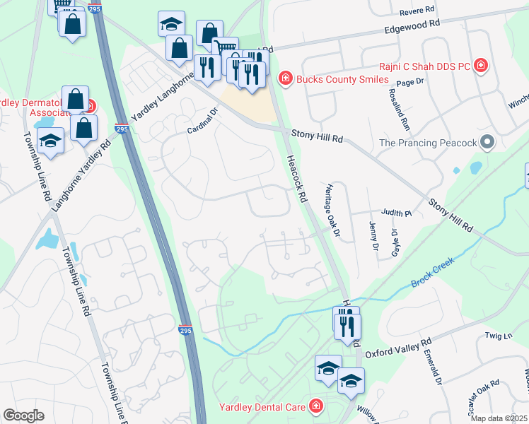map of restaurants, bars, coffee shops, grocery stores, and more near Bluebird Drive in Bucks County