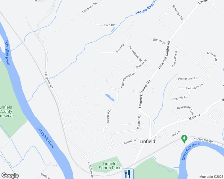 map of restaurants, bars, coffee shops, grocery stores, and more near 10 Pebble Beach Drive in Royersford