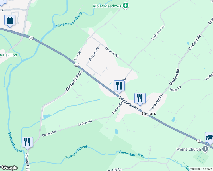 map of restaurants, bars, coffee shops, grocery stores, and more near 3539 West Skippack Pike in Harleysville