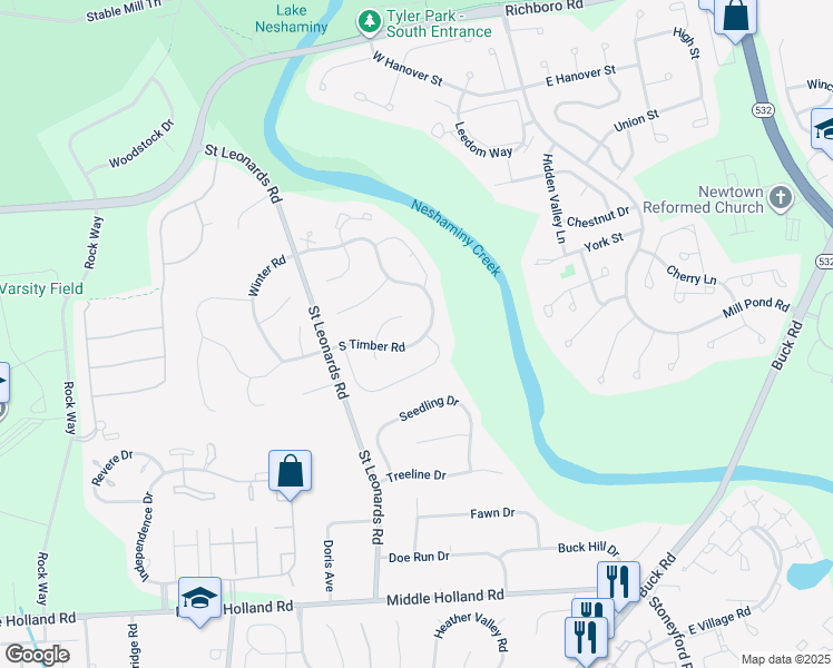 map of restaurants, bars, coffee shops, grocery stores, and more near 71 South Timber Road in Bucks County