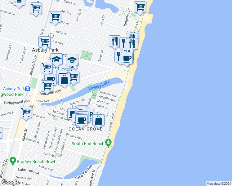 map of restaurants, bars, coffee shops, grocery stores, and more near 17 Spray Avenue in Neptune Township