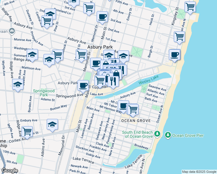 map of restaurants, bars, coffee shops, grocery stores, and more near 600 Mattison Avenue in Asbury Park