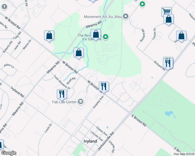 map of restaurants, bars, coffee shops, grocery stores, and more near 305 West Bristol Road in Warminster