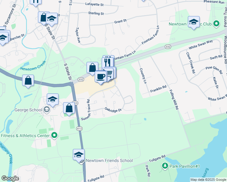 map of restaurants, bars, coffee shops, grocery stores, and more near 4 Oakridge Drive in Langhorne