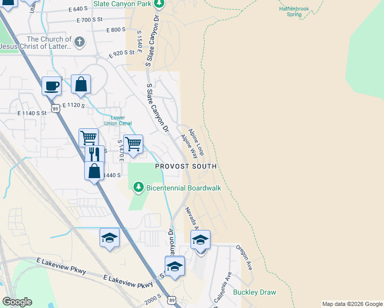 map of restaurants, bars, coffee shops, grocery stores, and more near 1333 Alpine Way in Provo