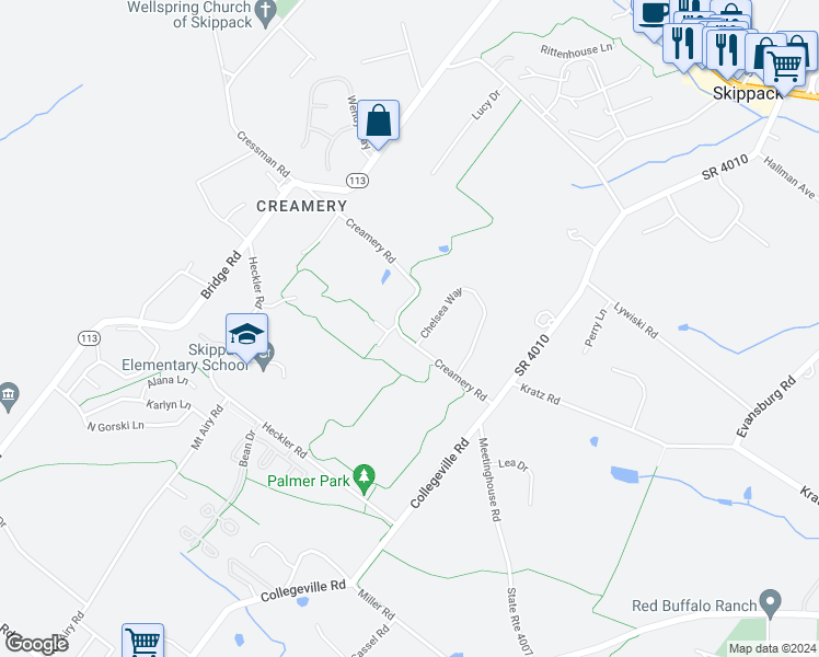 map of restaurants, bars, coffee shops, grocery stores, and more near 1088 Chelsea Way in Collegeville