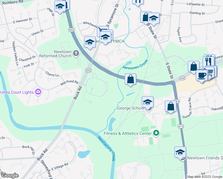 map of restaurants, bars, coffee shops, grocery stores, and more near 1001 Diamond Drive in Newtown