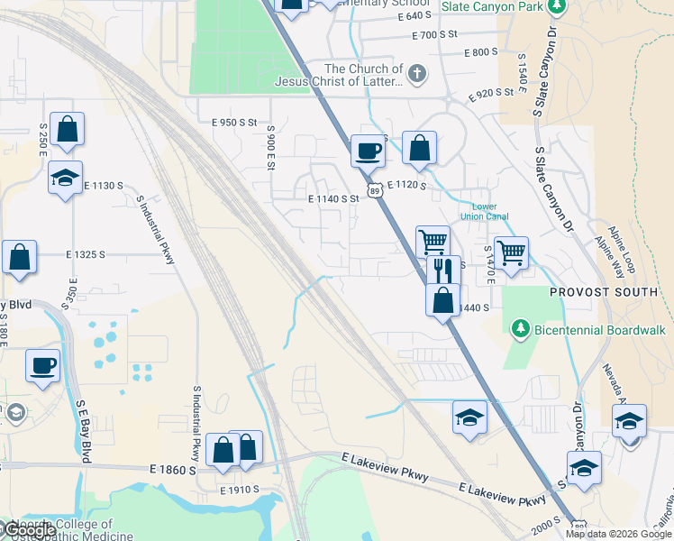 map of restaurants, bars, coffee shops, grocery stores, and more near 1032 East 1270 South in Provo