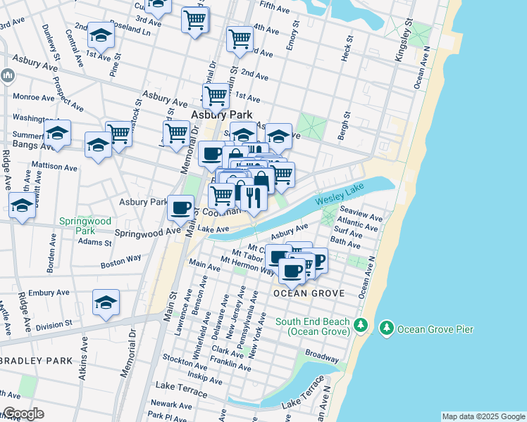map of restaurants, bars, coffee shops, grocery stores, and more near 601 Mattison Avenue in Asbury Park