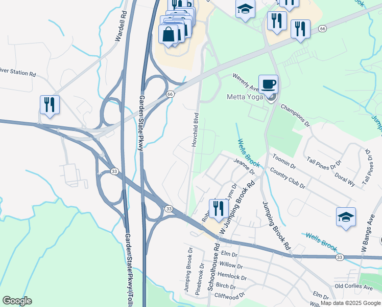 map of restaurants, bars, coffee shops, grocery stores, and more near 69 Locust Grove Road in Tinton Falls