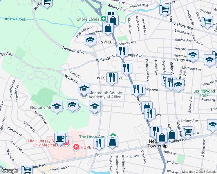 map of restaurants, bars, coffee shops, grocery stores, and more near 2006 Milton Avenue in Neptune City