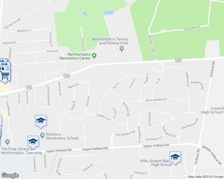 map of restaurants, bars, coffee shops, grocery stores, and more near 87 Ann Drive in Richboro