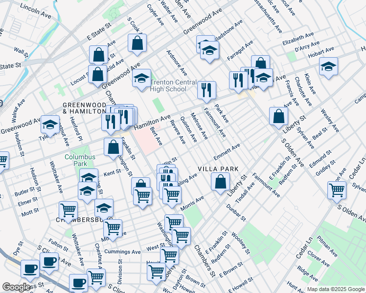 map of restaurants, bars, coffee shops, grocery stores, and more near 881 Revere Avenue in Trenton