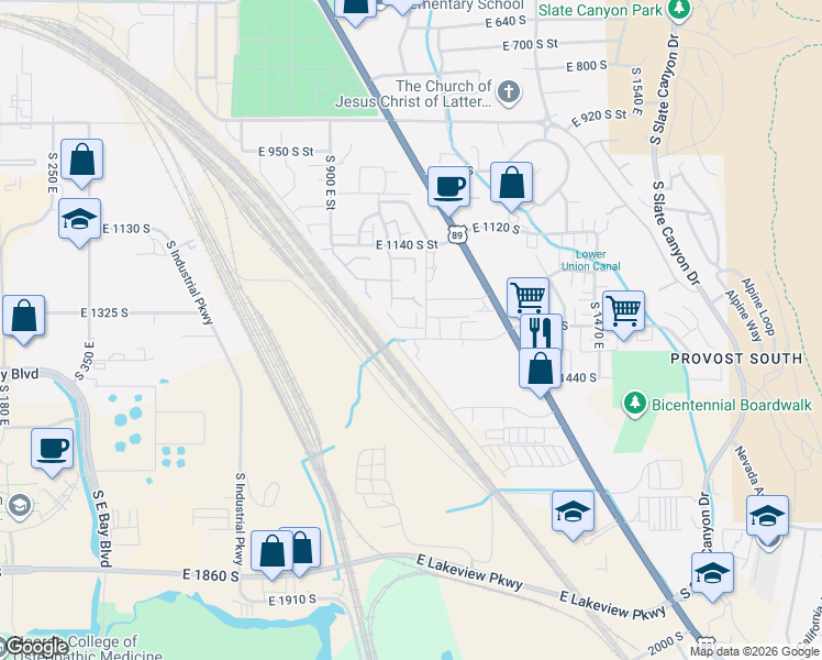 map of restaurants, bars, coffee shops, grocery stores, and more near 1032 East 1270 South in Provo