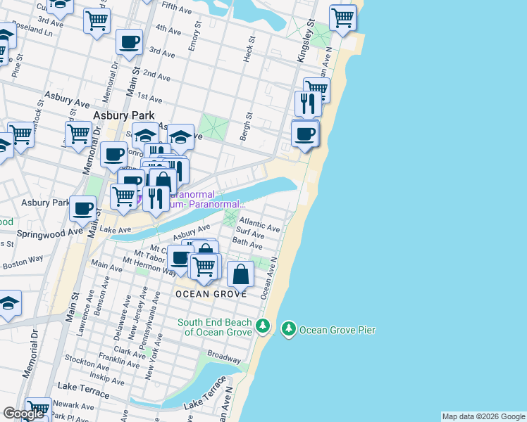 map of restaurants, bars, coffee shops, grocery stores, and more near 22 Lake Avenue in Monmouth County