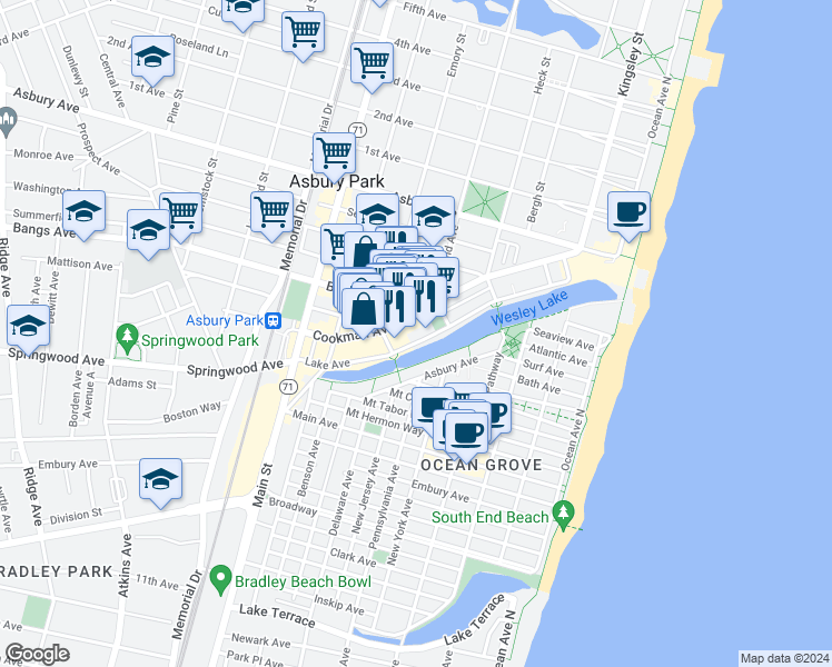 map of restaurants, bars, coffee shops, grocery stores, and more near 511 Cookman Avenue in Asbury Park
