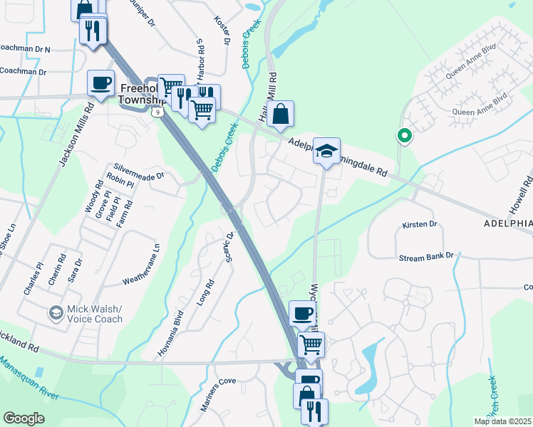 map of restaurants, bars, coffee shops, grocery stores, and more near 185 Dorado Beach Court in Howell Township