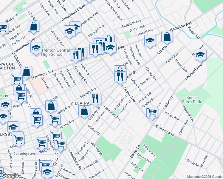 map of restaurants, bars, coffee shops, grocery stores, and more near 72 Kearney Avenue in Trenton